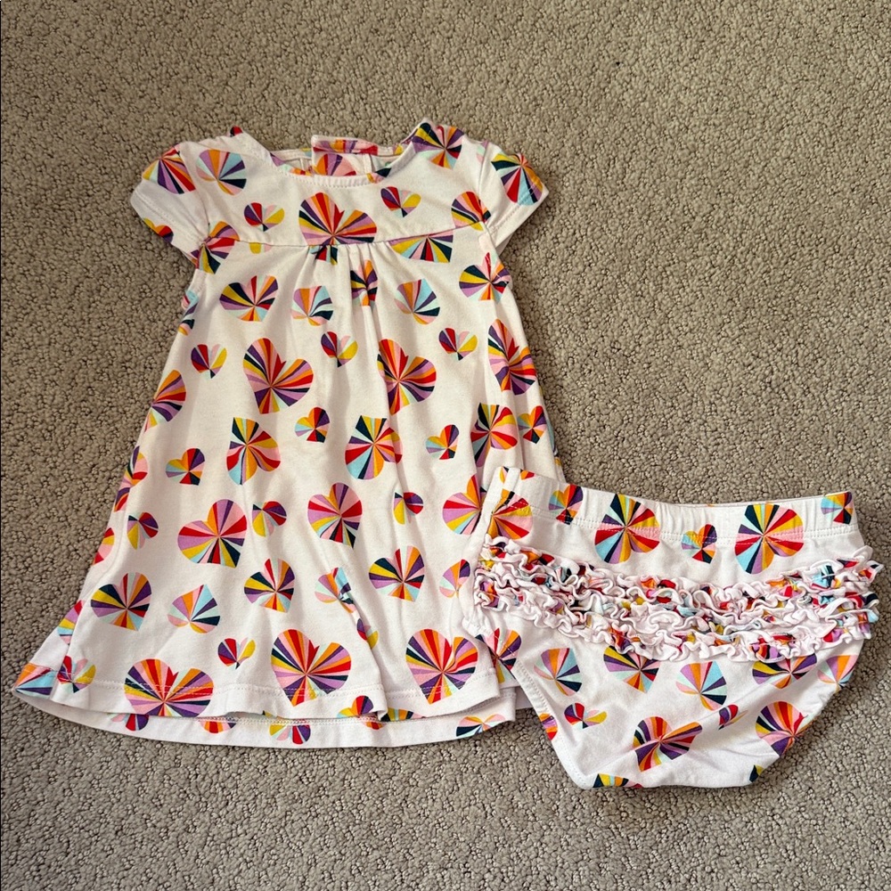Colorful Heart Print Baby Dress and Bloomers